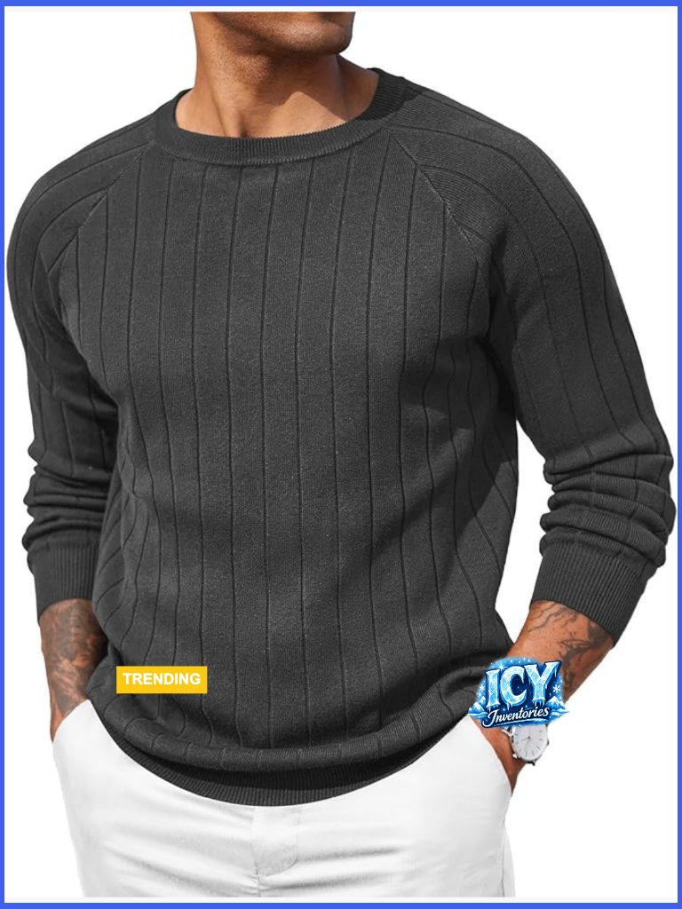 Crewneck Pullover Sweater Cable Knit Slim Fit Long Sleeve